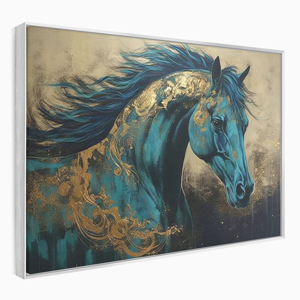 Tablou canvas cu tablou canvas cu cal albastru si auriu, in rama de aluminiu argintiu